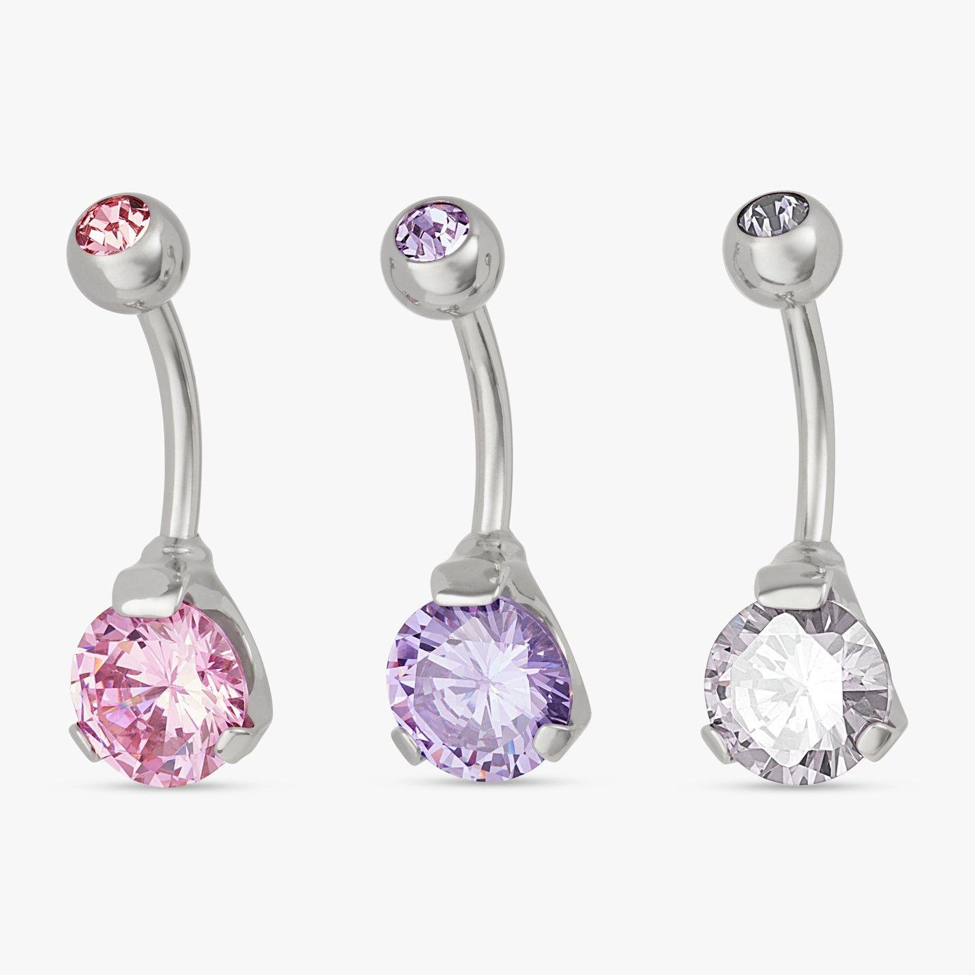 Revere Surgical Steel Pink, Purple & Clear Crystal Belly Bar