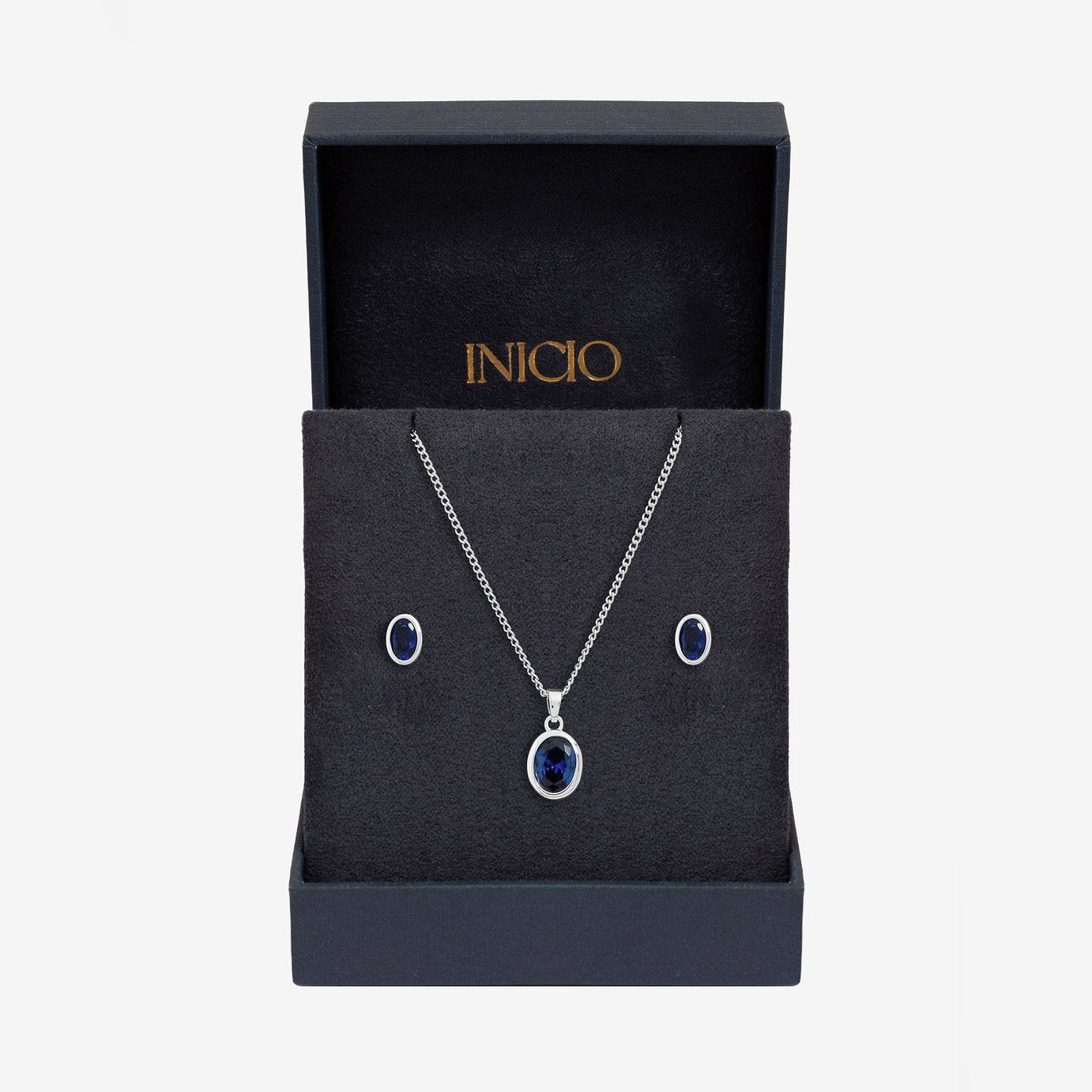 Inicio Silver Plated Sapphire Oval Bezel Jewellery Set