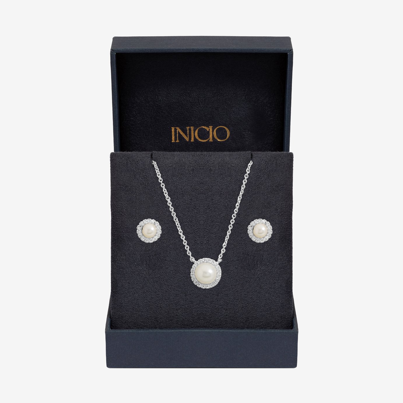 Inicio Silver Plated Pearl Halo Jewellery Set