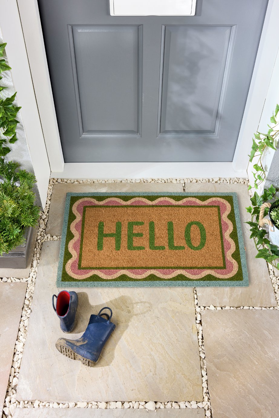 My Mat Printed Coir Hello Scallop Green Doormat - 45X75cm