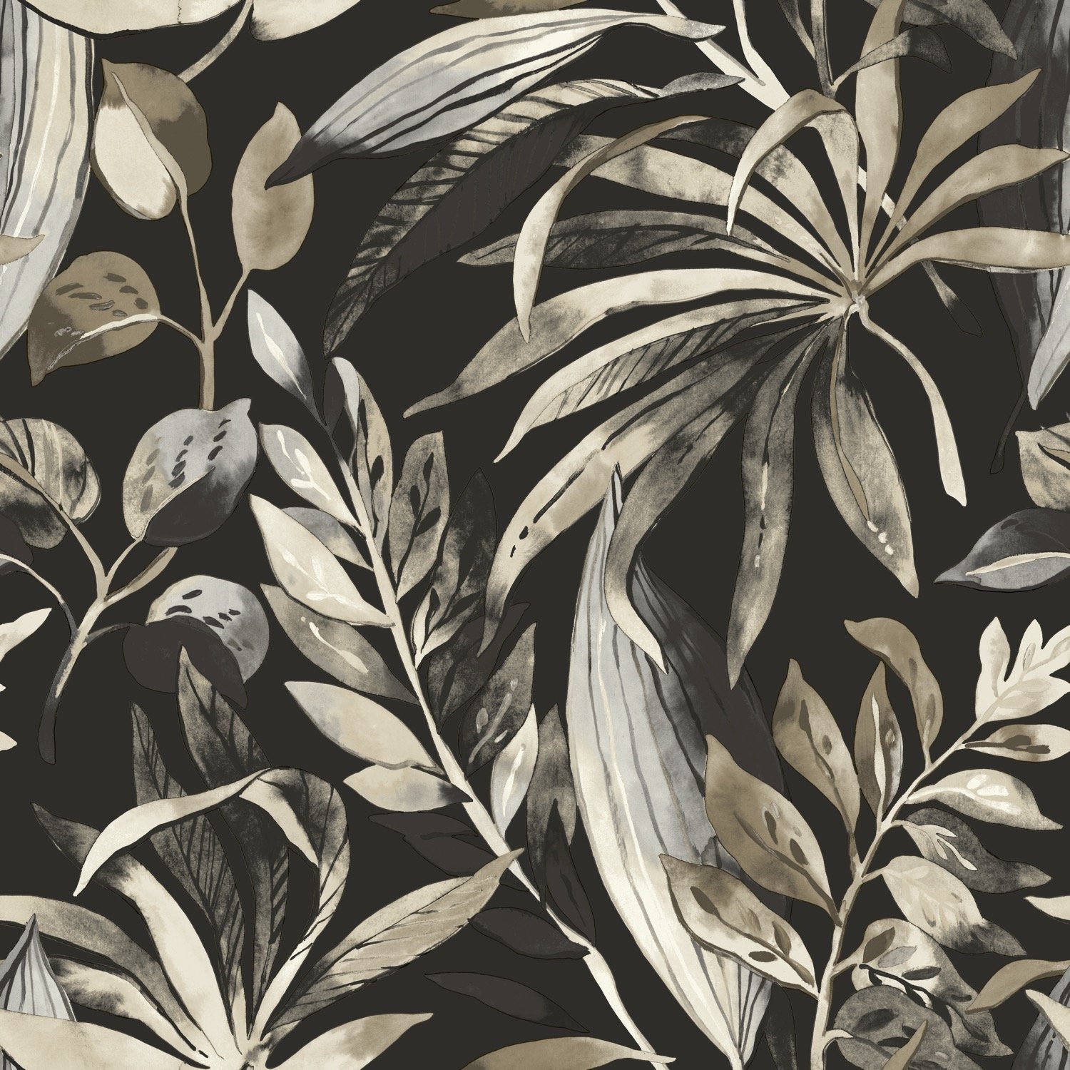Grandeco Inky Palm Botanical Jungle Textured Wallpaper - Black Beige
