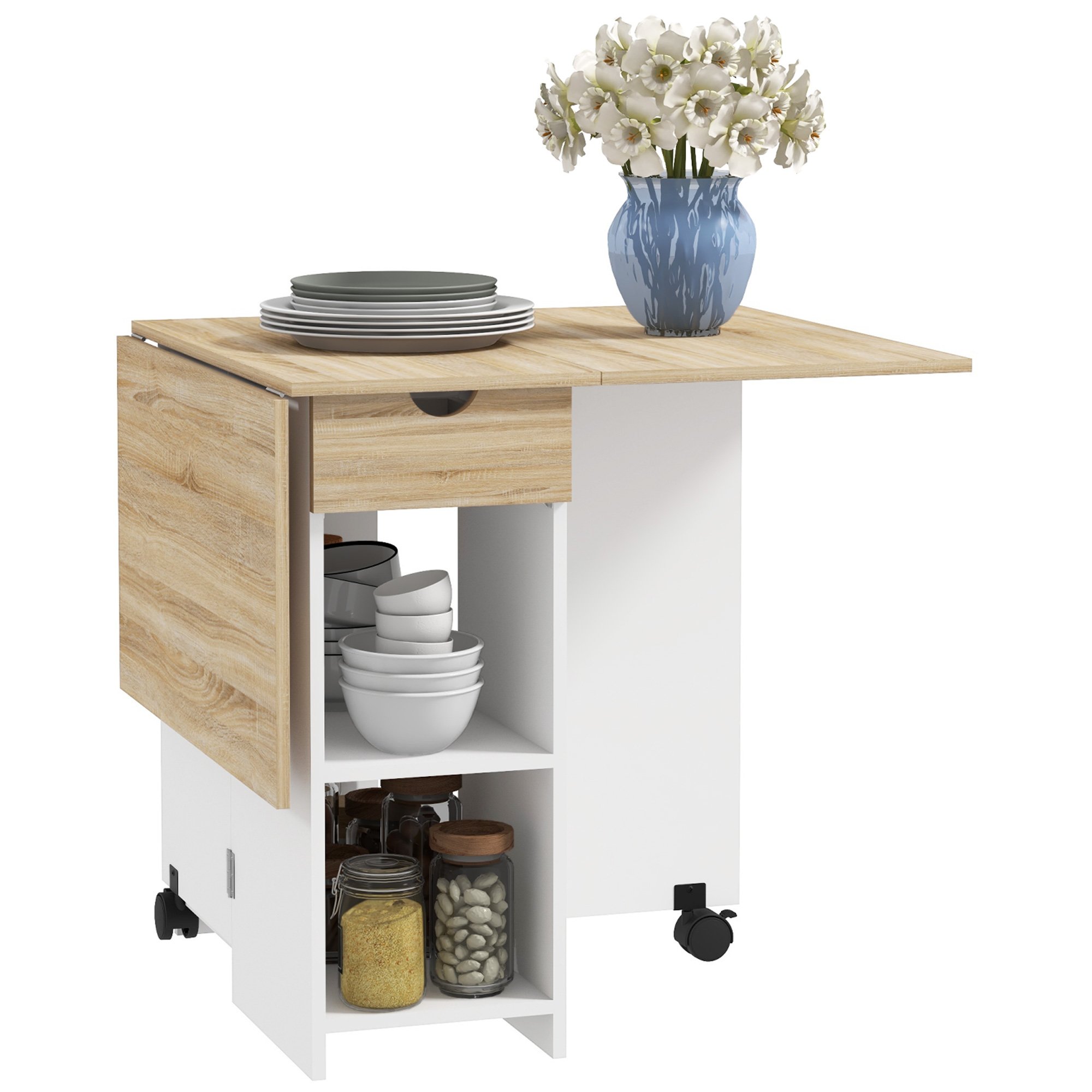 HOMCOM Folding Dining Table with Drawer and Storage Shelves - Oak