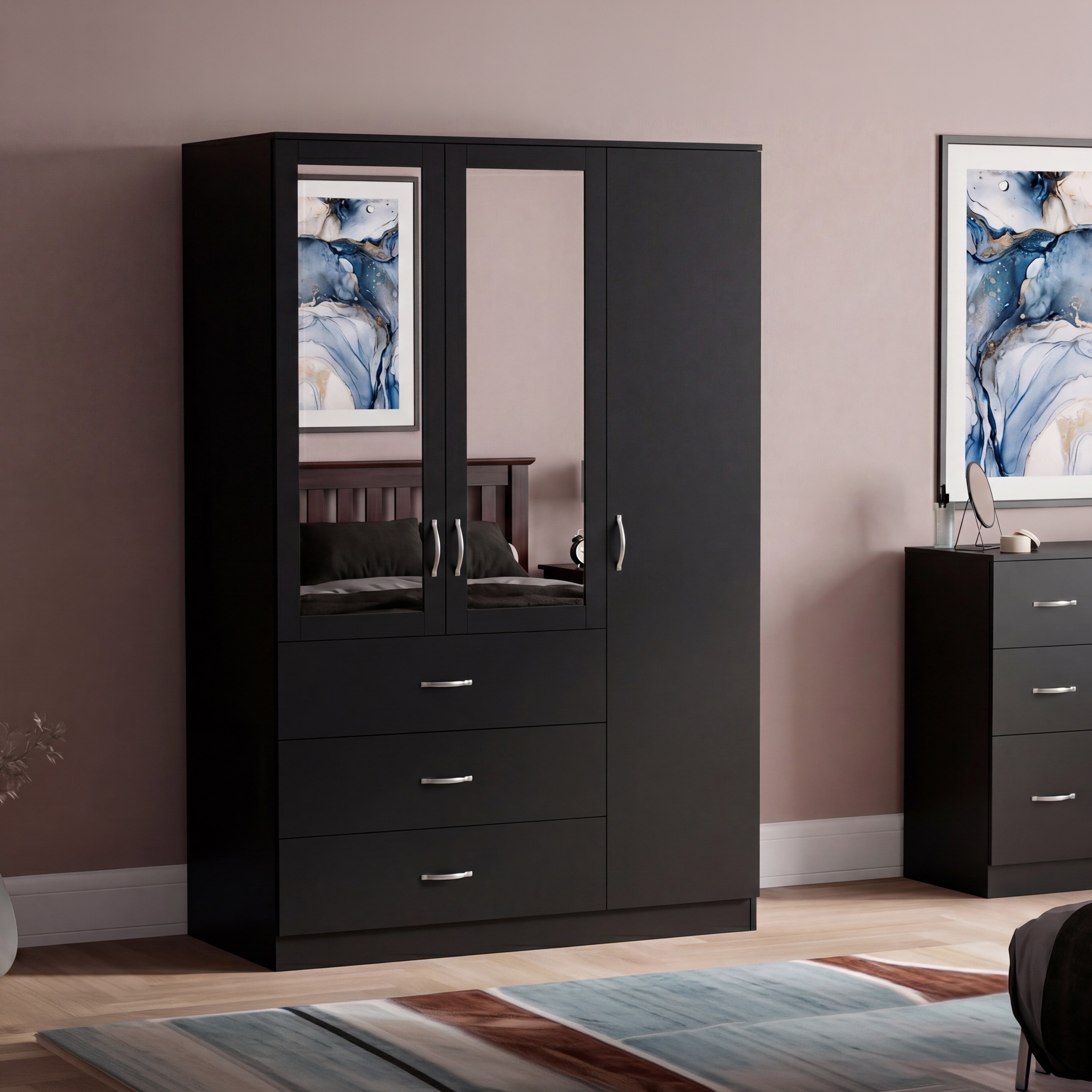 Vida Designs Riano 3 Door 3 Drawer Mirrored Wardrobe - Black