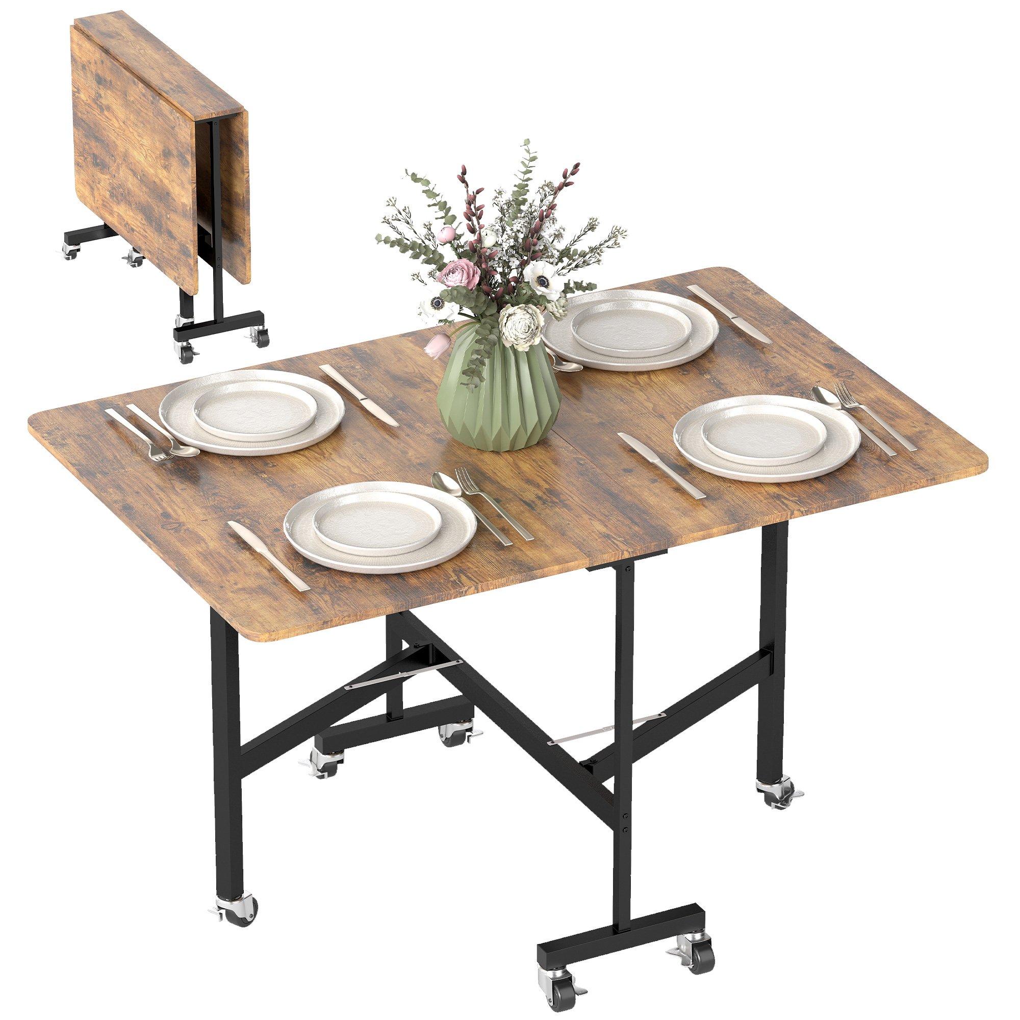 HOMCOM 4-6 Seater Mobile Drop Leaf Table with Brakes - Rustic Brown