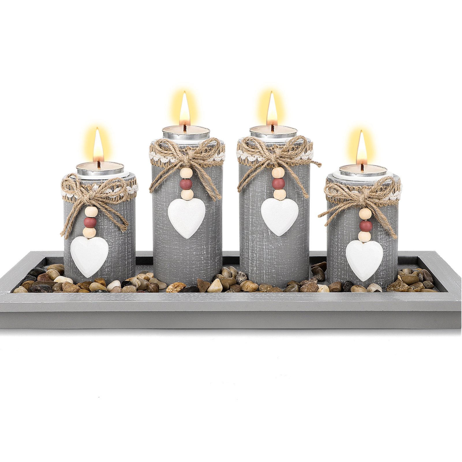 deAO Rustic Wooden Tray With 4 Tealight Candle Holders - Grey
