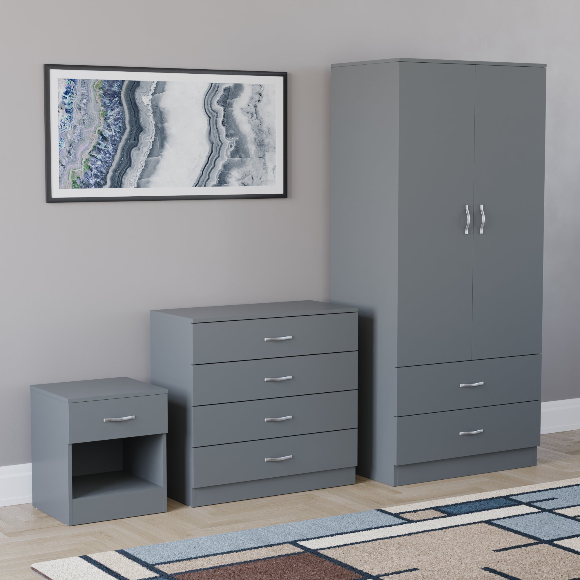 Vida Designs Riano Bedroom Set (Bedside, 4 Drawer Chest, 2x2 Wardrobe) - Grey