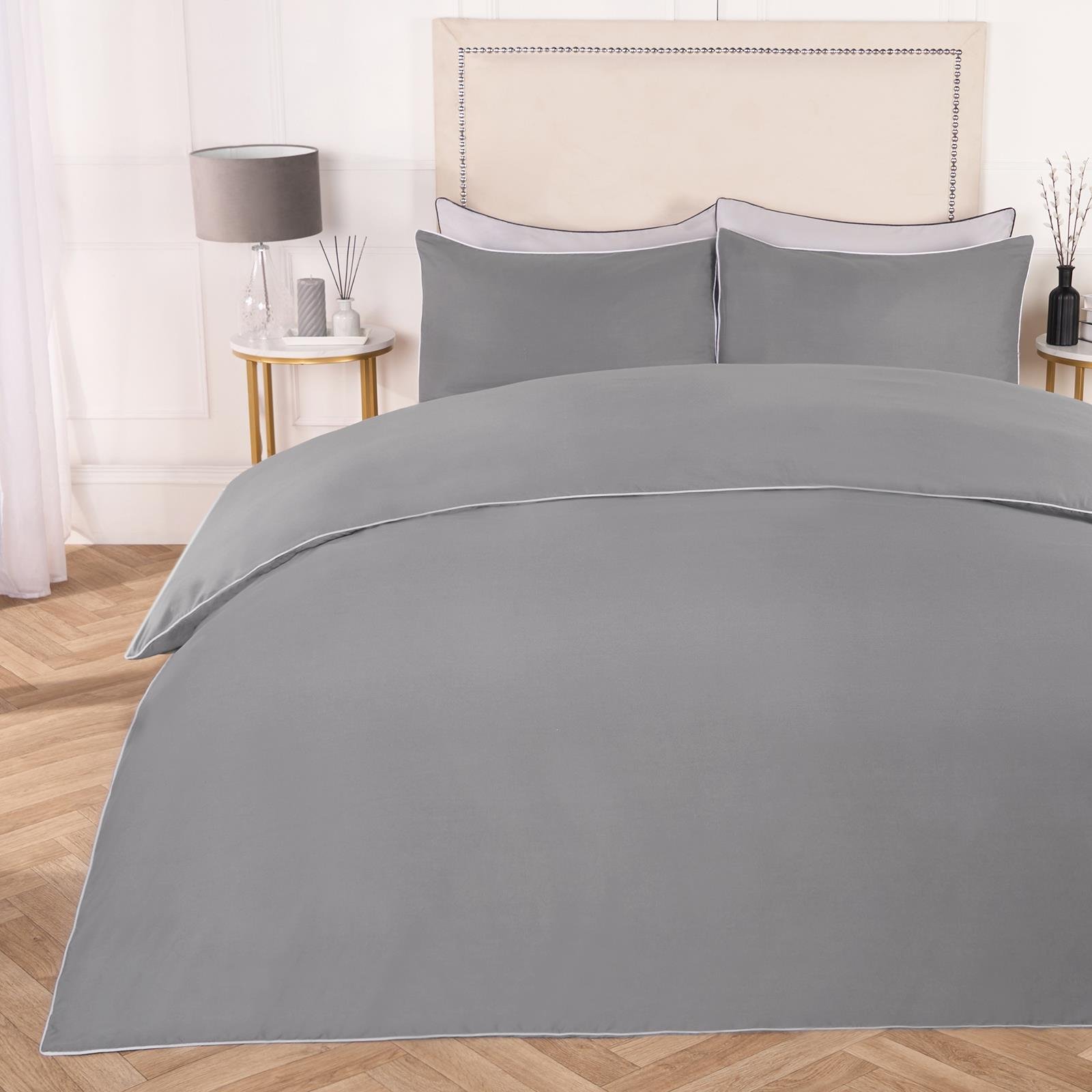 OHS Piped Edge Bedding Set Soft Duvet Cover Set Grey/White - King