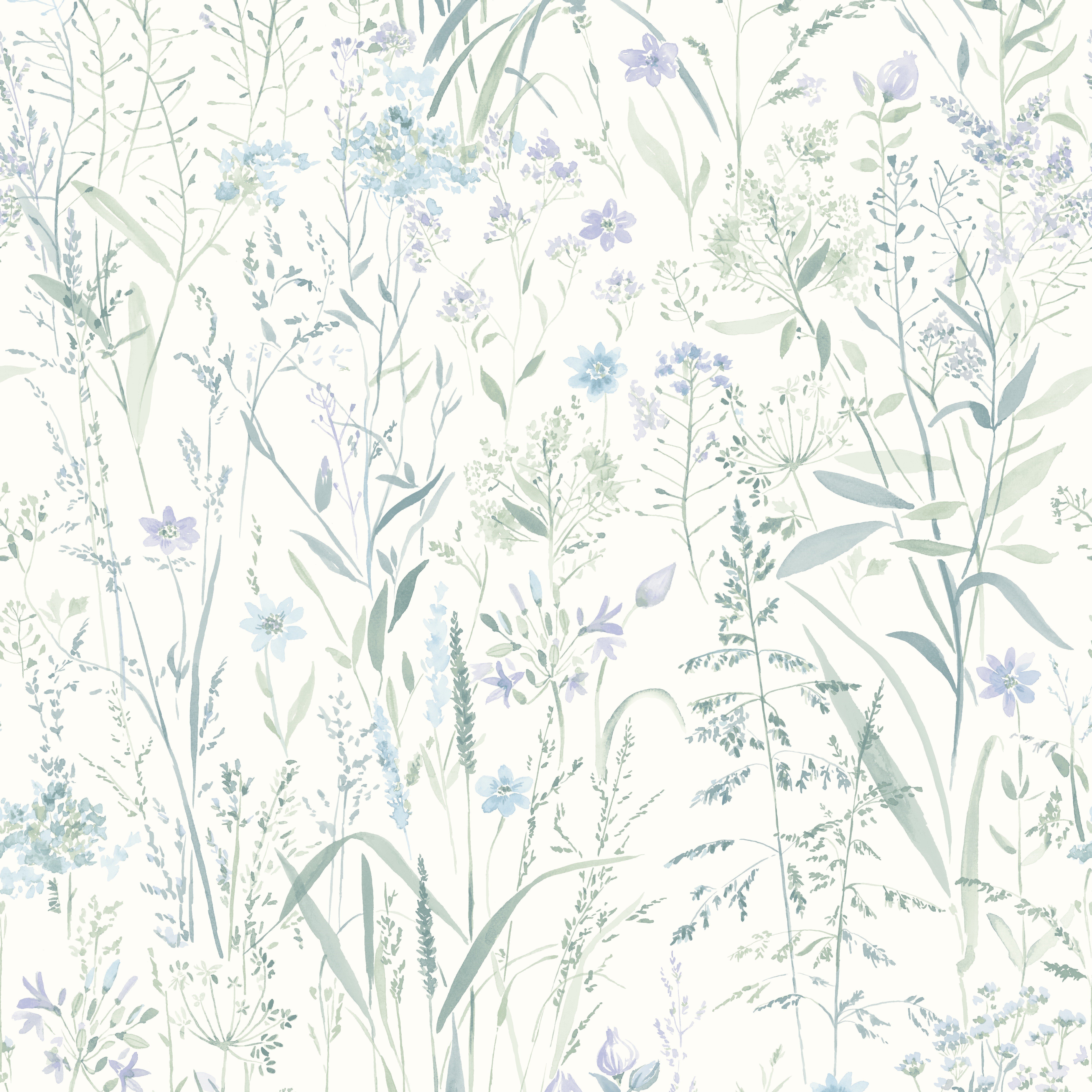 Grandeco Free Flower Sprigs and Grass Wallpaper - Lilac Blue Green