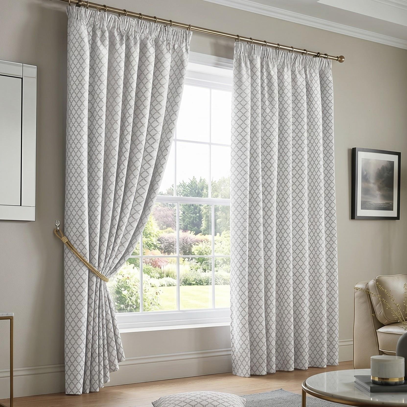 Luxury Living Geometric Lined Pencil Pleat Taped Curtains 117cm x 183cm - White
