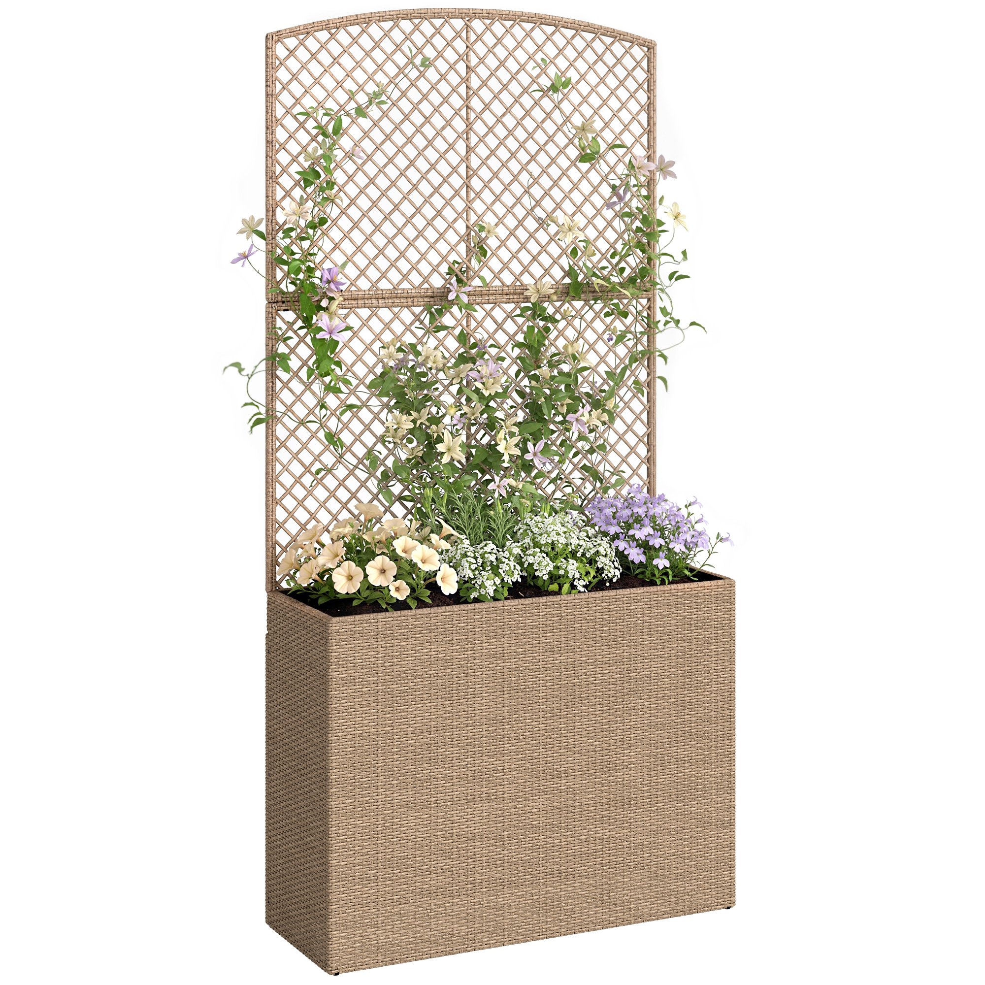 Outsunny Rattan Freestanding Garden Planters with Trellis - Light Grey