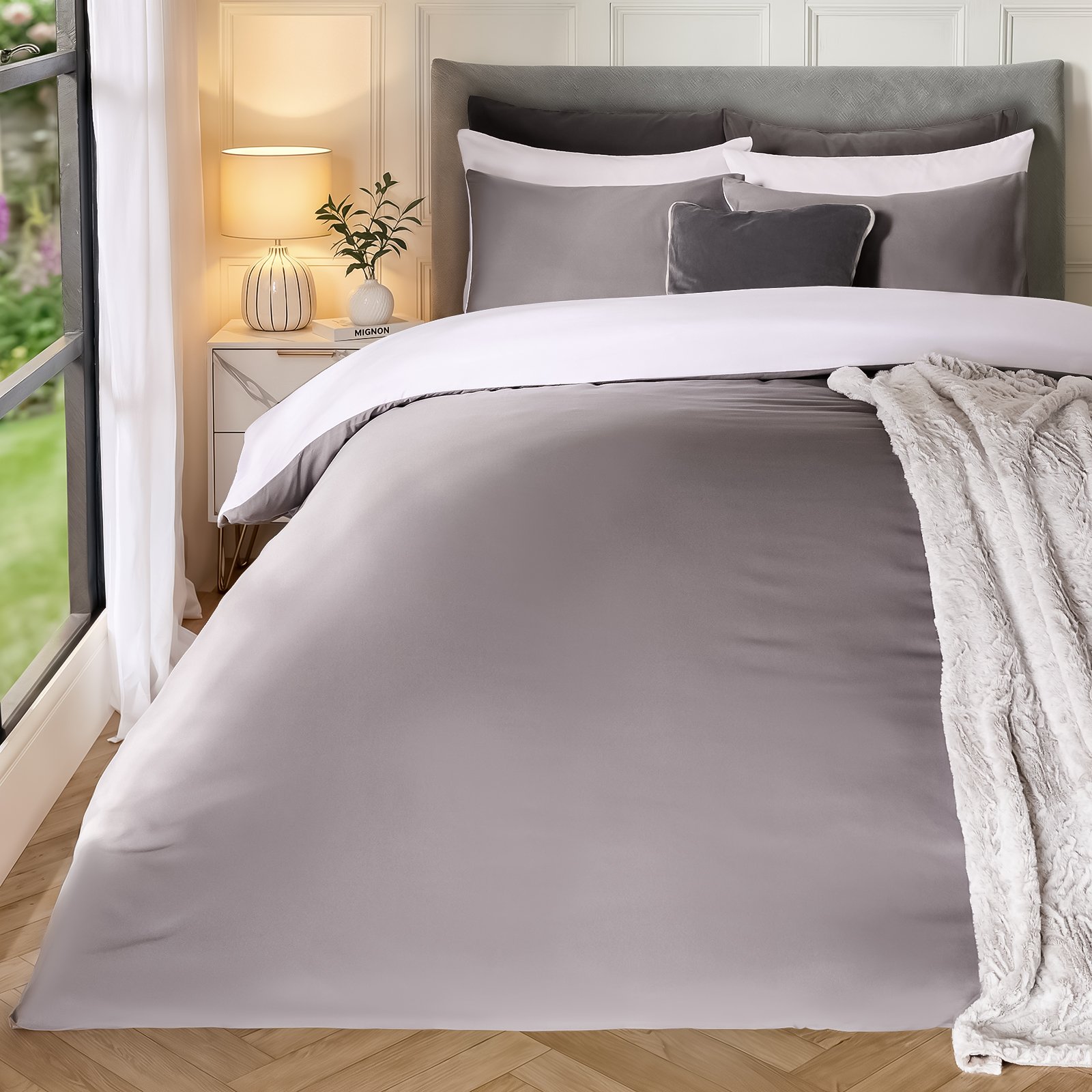 OHS Plain Dyed Reversible Duvet Cover Set White/Grey - Single