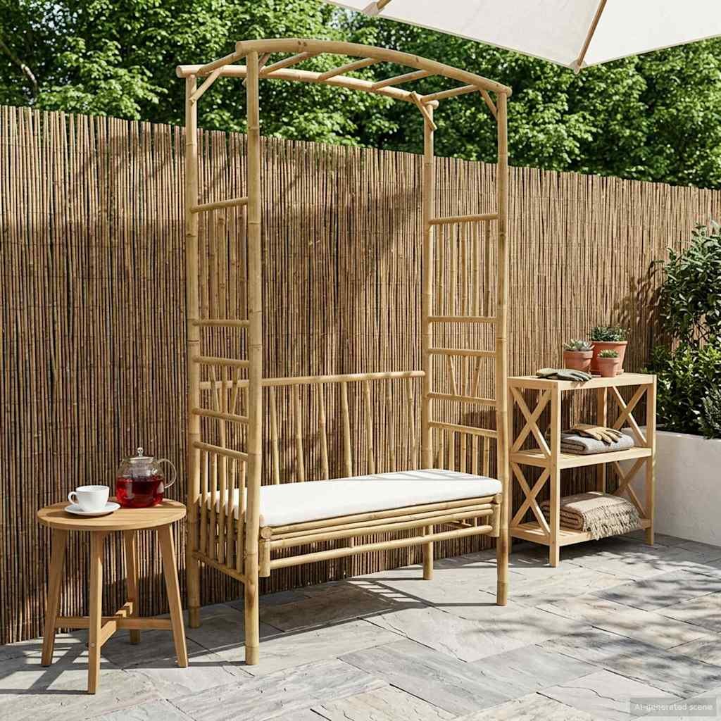Walplus Bamboo Garden Arch with Bench - Cream White - 115 x 50 x 205 cm