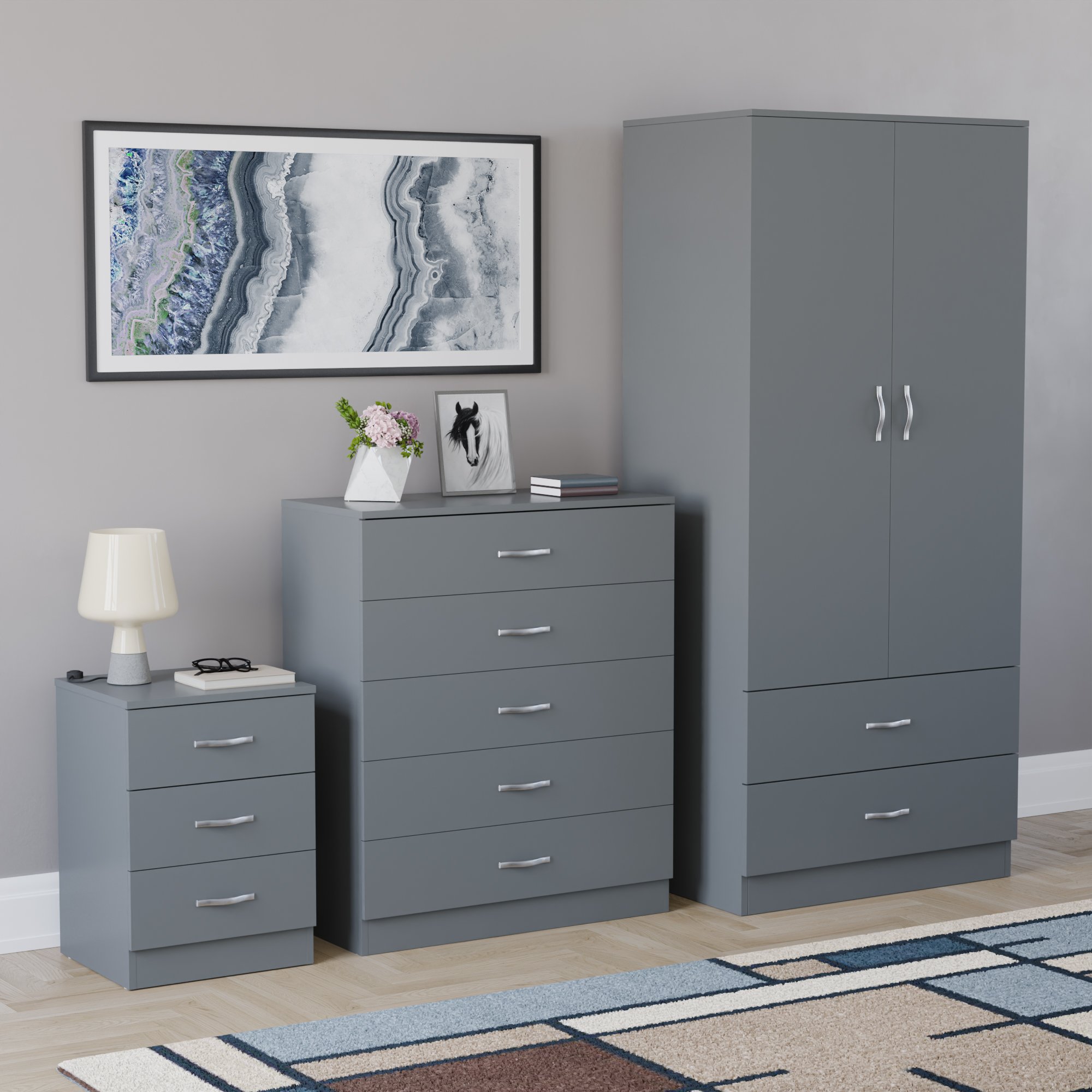 Vida Designs Riano Bedroom Set (Bedside, 5 Drawer Chest, 2x2 Wardrobe) - Grey