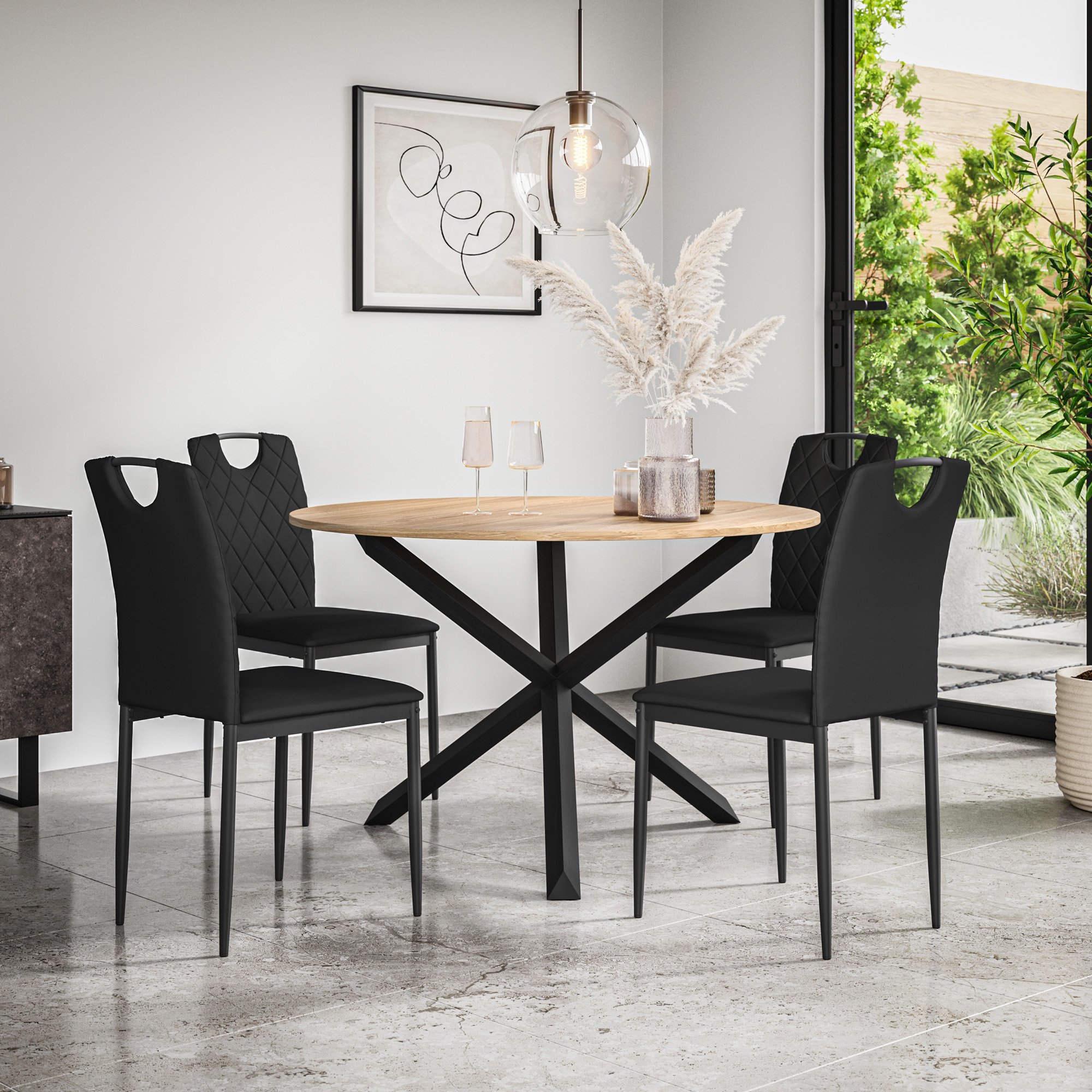 Furniture Online Malvern Monza Oak Table Dining Table & 4 Black Chairs