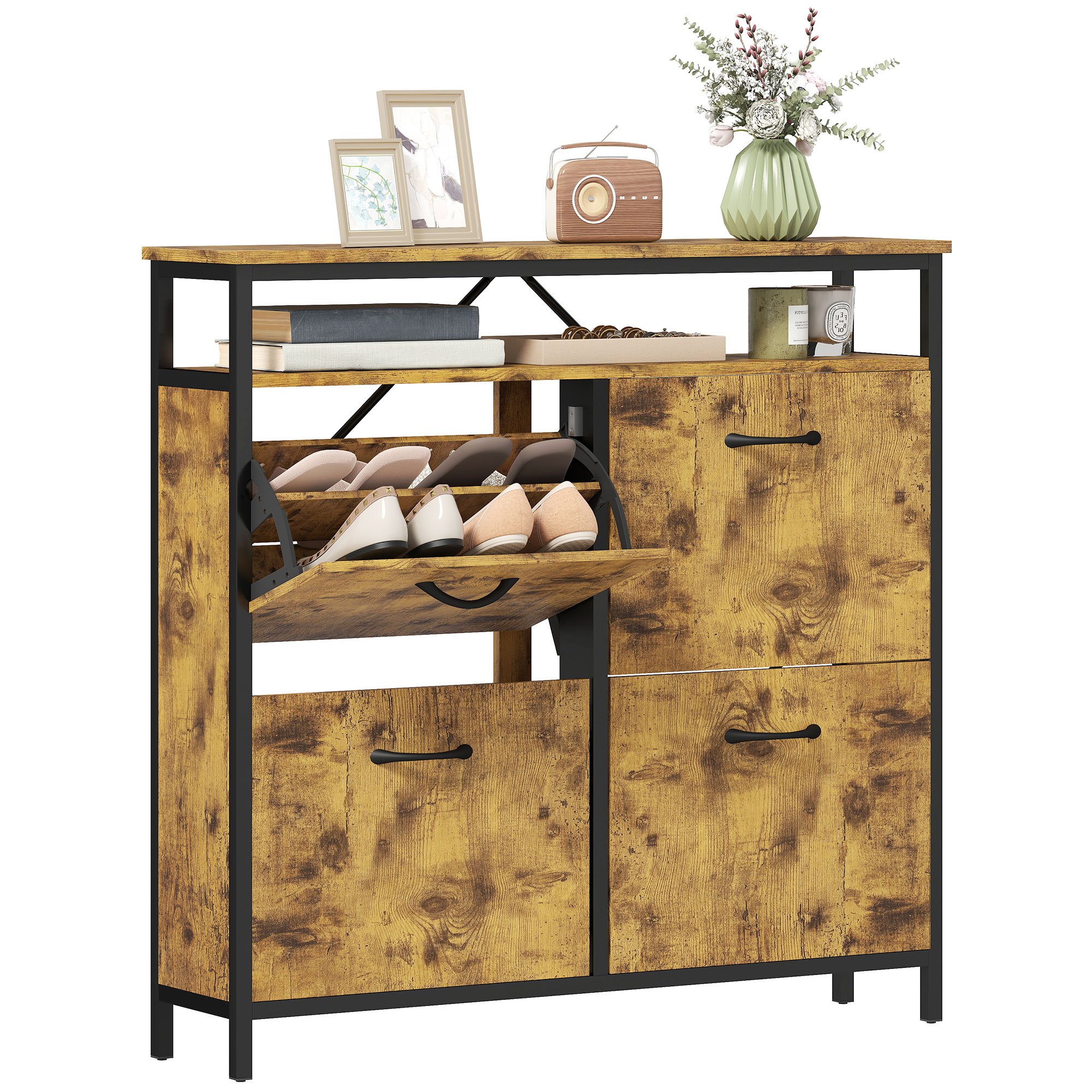 HOMCOM Industrial Adjustable Shoe Cabinet with 4 Flip Drawers - Rustic Brown