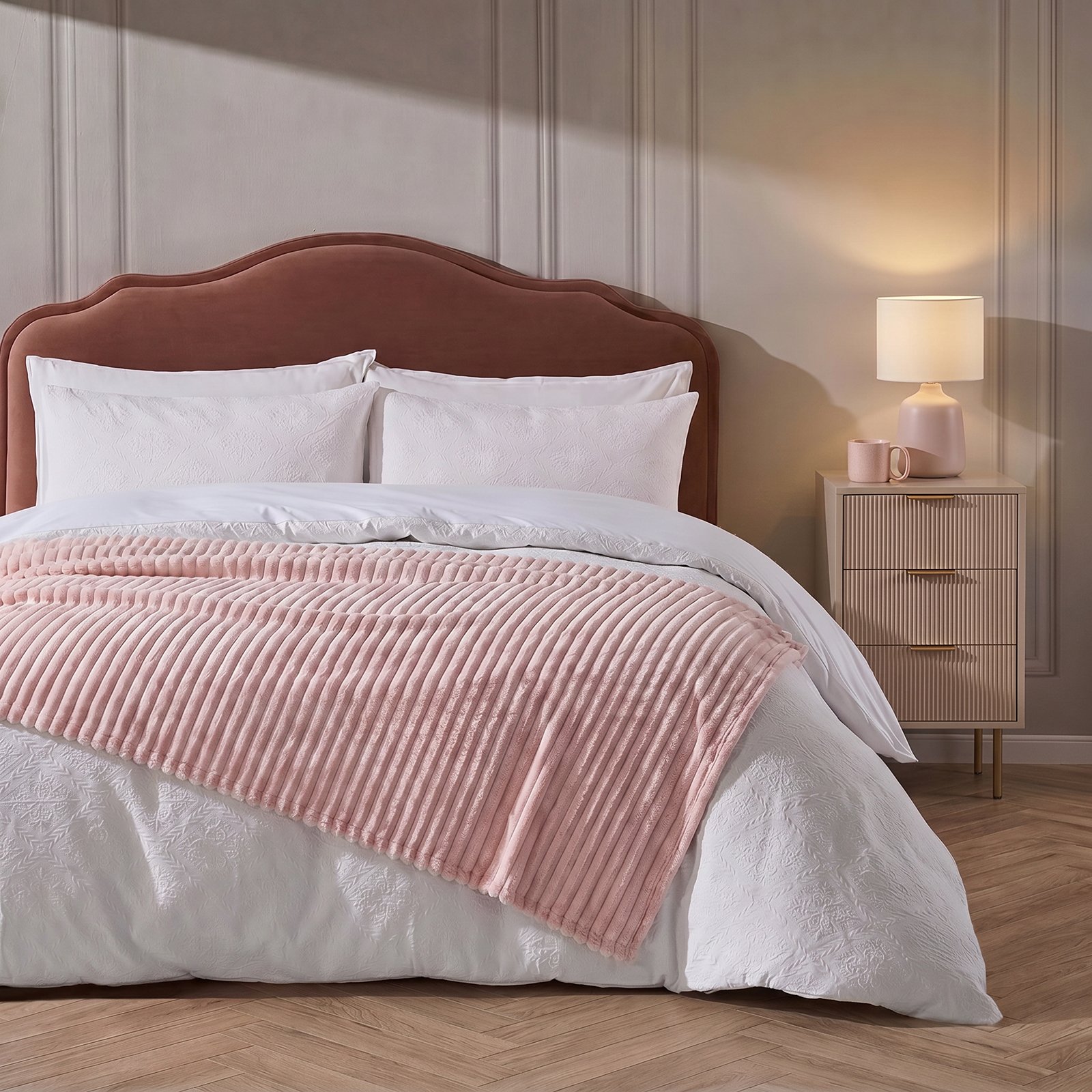 OHS Faux Fur Thick Rib Blanket Throw 125 x 150cm - Blush