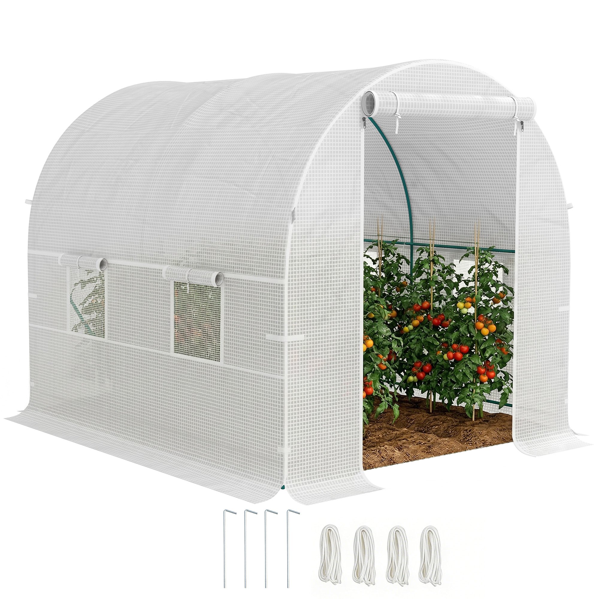 Outsunny Steel Polytunnel Greenhouse with Roll Up Door - White