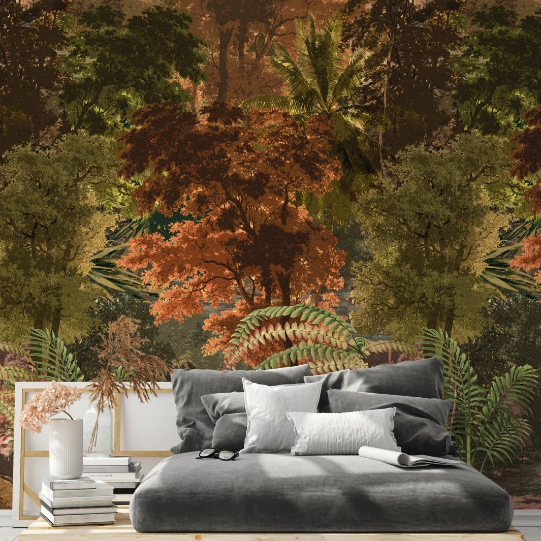 Grandeco Tree Tapestry 3 lane Repeatable Textured Wallpaper Mural  - Orange