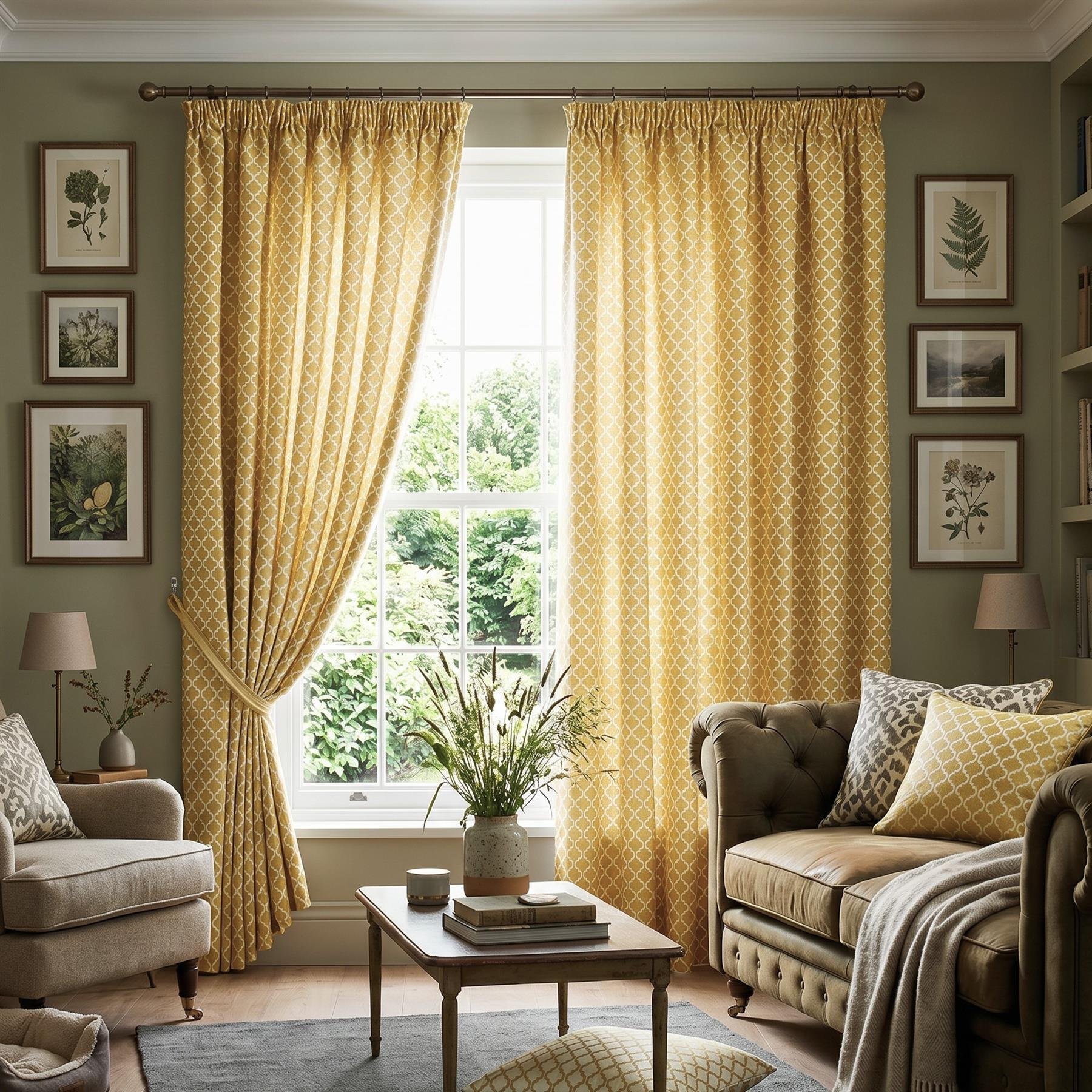 Luxury Living Geometric Lined Pencil Pleat Taped Curtains 117cm x 183cm - Yellow