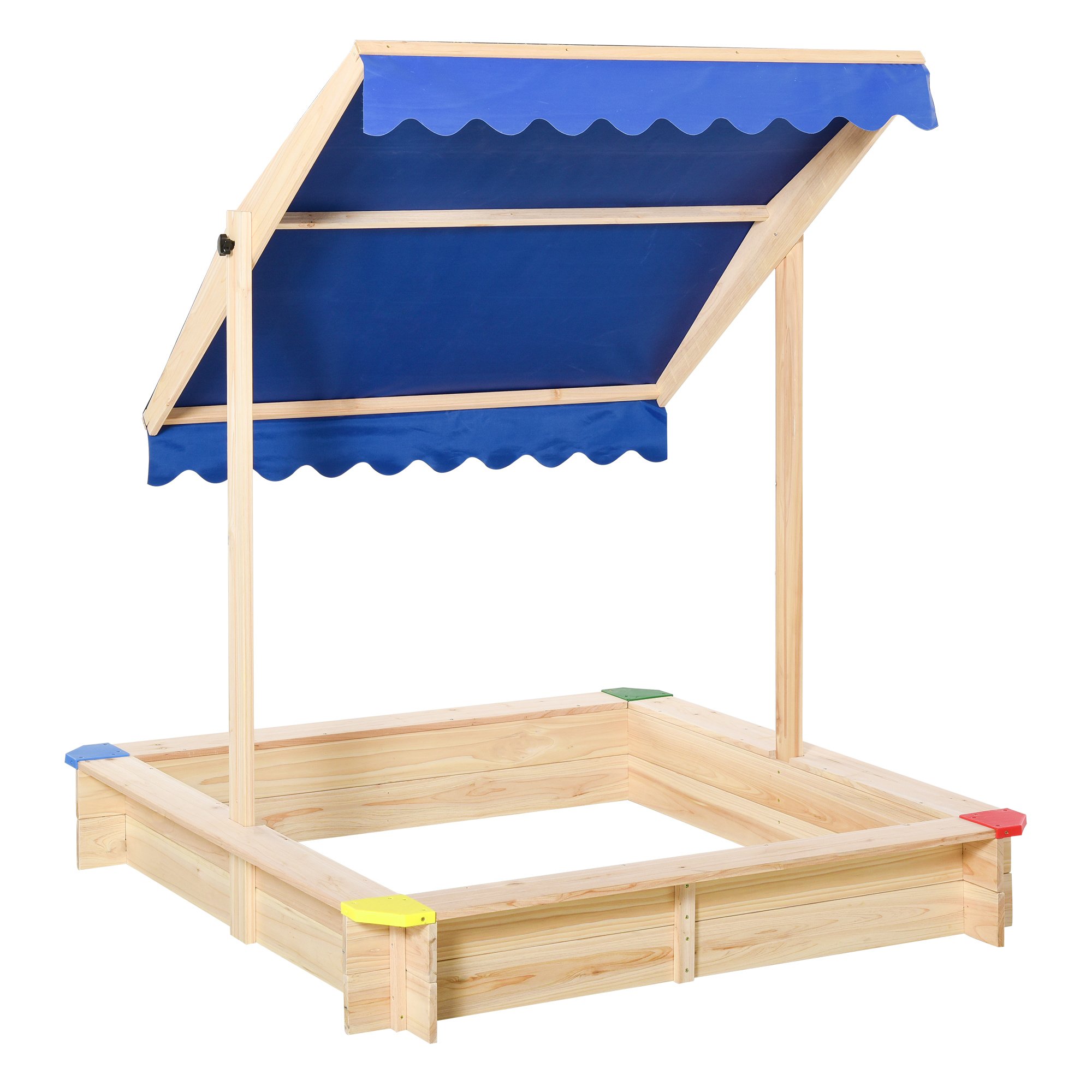 Outsunny Wooden Sand Pit Kids Sandbox with Adjustable Canopy - Natural Blue