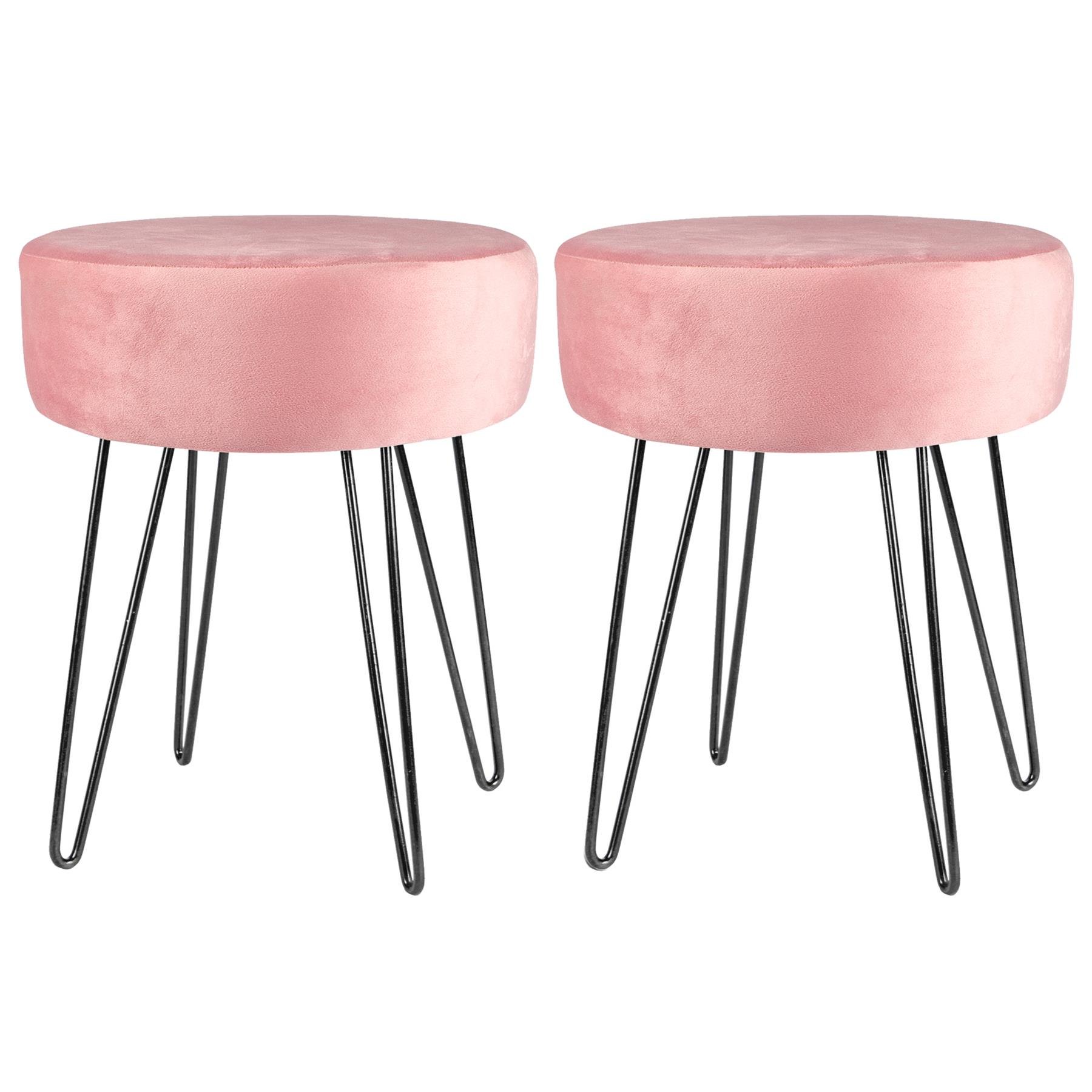 Harbour Housewares Round Velvet Footstool with Black Legs Pack of 2 - Pink