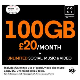 VOXI 100GB 30 Day Pay As You Go SIM Card -1st month included