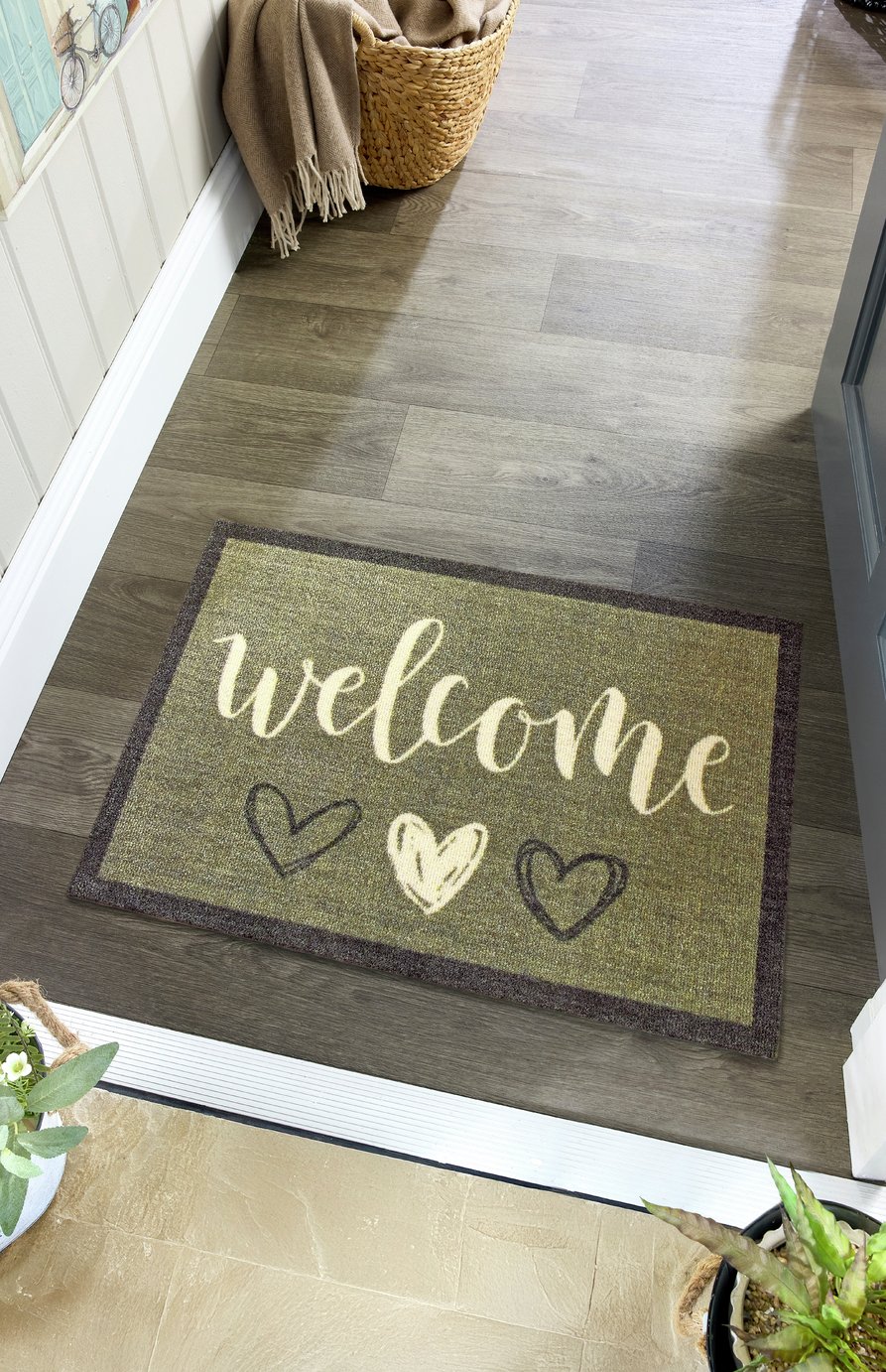 My Mat Welcome Heart Sage Short Pile Doormat - 50x75cm