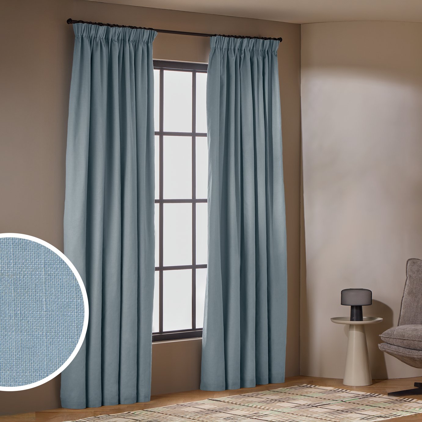 Habitat With Linen Blackout Pencil Pleat Curtains - Blue