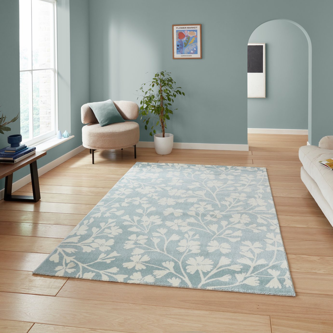Catherine Lansfield Floral Blue Short Pile Rug