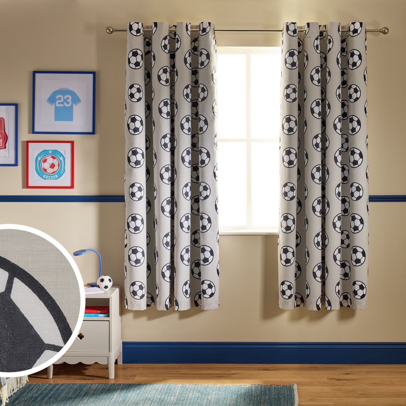 Argos Home Football Print Blackout Eyelet Curtain - Grey