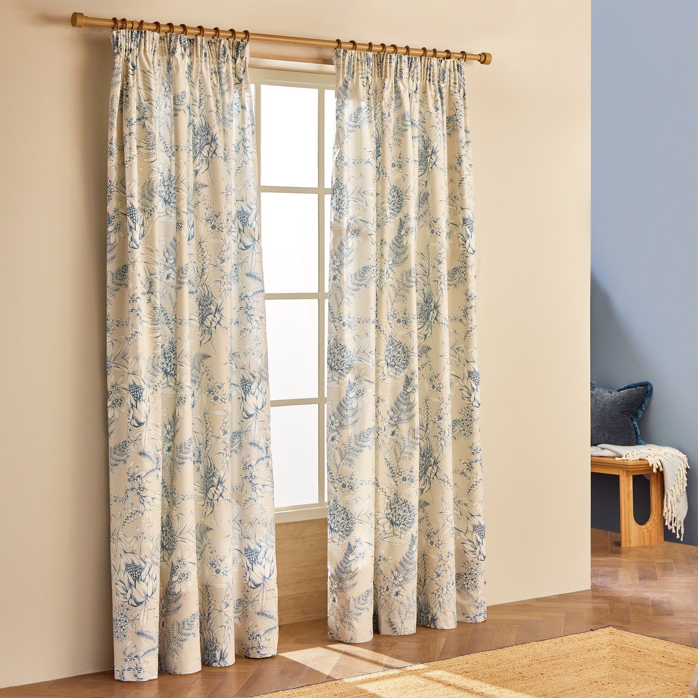 Habitat Botanical Print Pencil Pleat Curtains - Blue