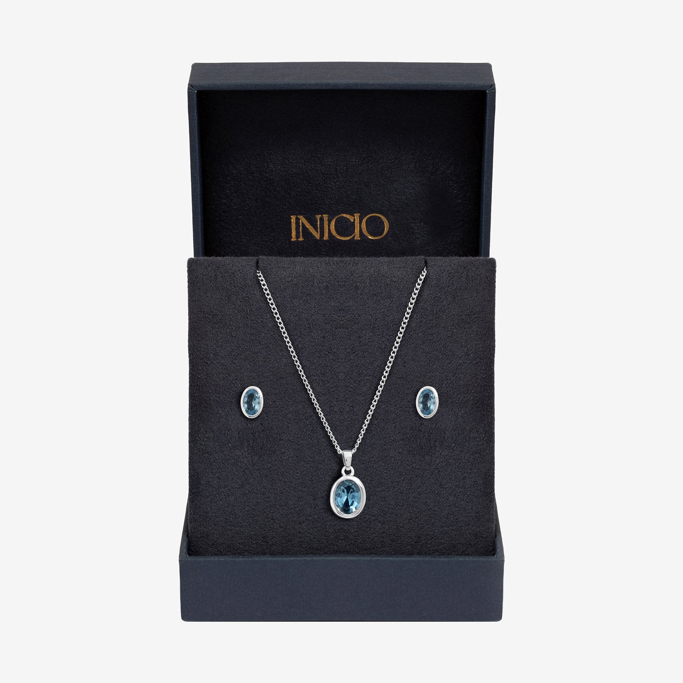 Inicio Sterling Silver Blue Topaz Oval Bezel Gift Set