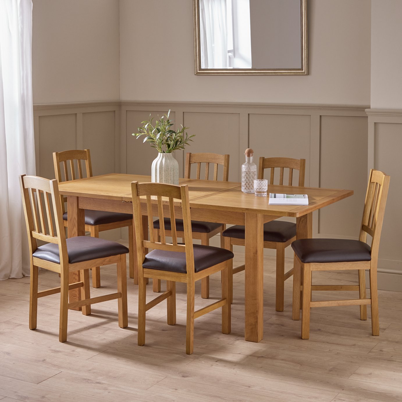 Argos Home Ashwell Ext Oak Dining Table & 6 Brown Chairs