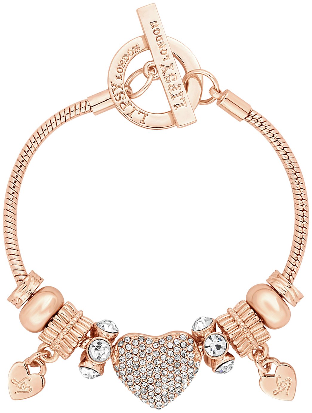 Lipsy Rose Gold Crystal Pave Heart Charm T-Bar Bracelet