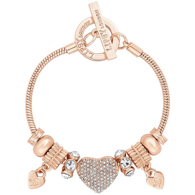 Buy Lipsy Gold Colour Crystal Pave Heart Charm T Bar Bracelet