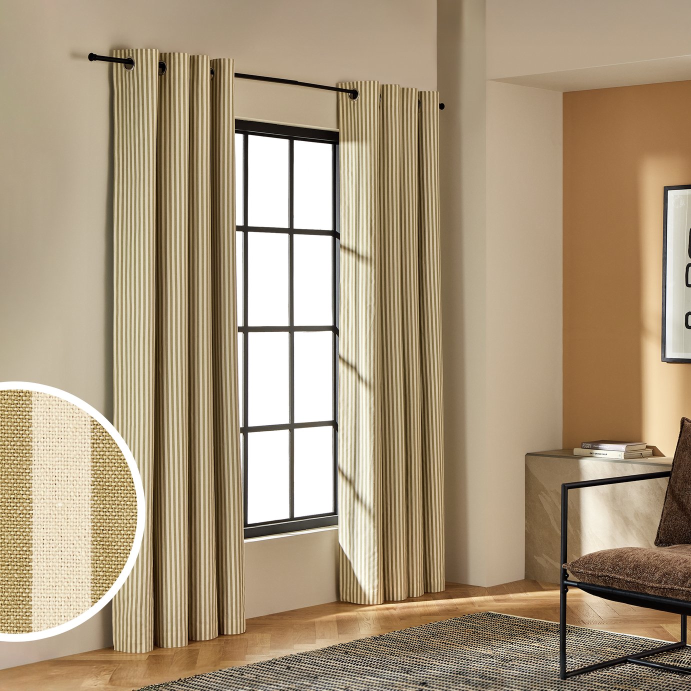 Habitat Stripe Blackout Eyelet Curtain - Olive
