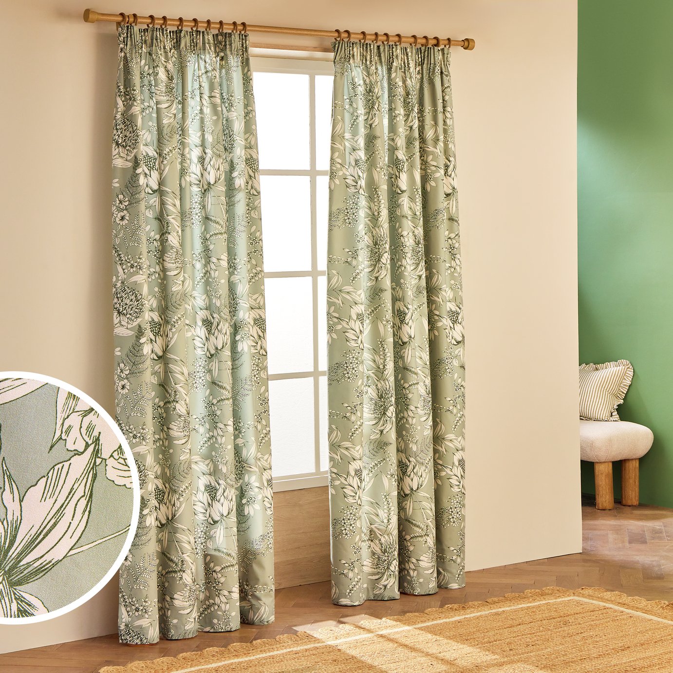 Habitat Botanical Print Pencil Pleat Curtains - Sage - 229x229cm