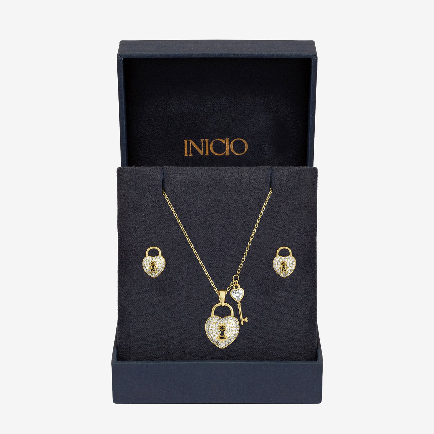 Inicio Gold Plated Padlock Heart Pendant & Earrings Gift Set