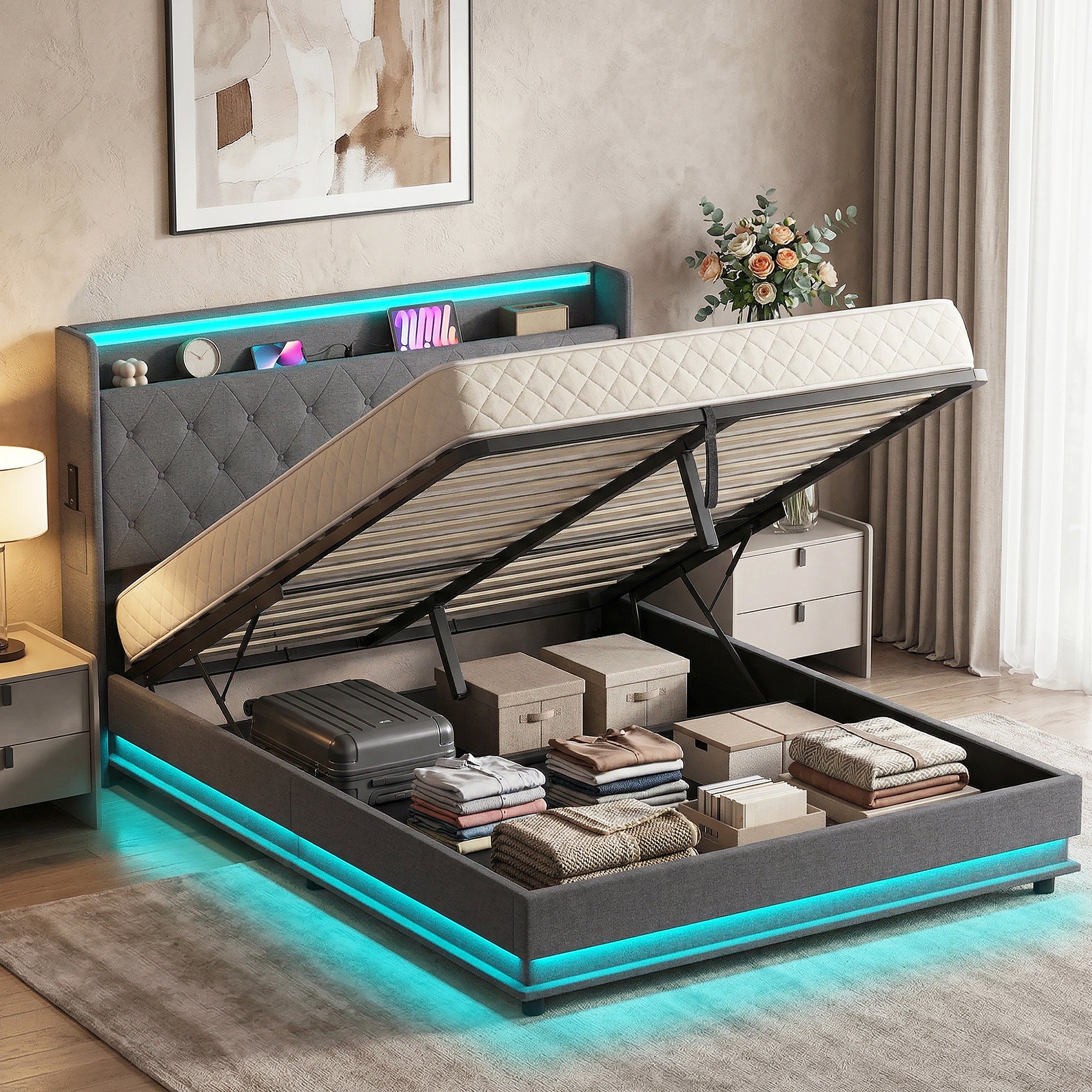 HOMCOM 5ft King Ottoman Bed Frame with Hydraulic Storage - Dark Grey