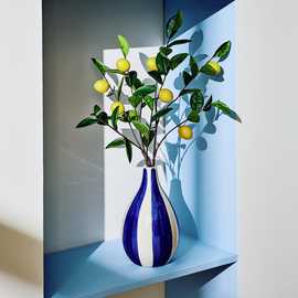 Bayswood Artificial Lemons in Blue Stripe Ceramic Vase - 16cm