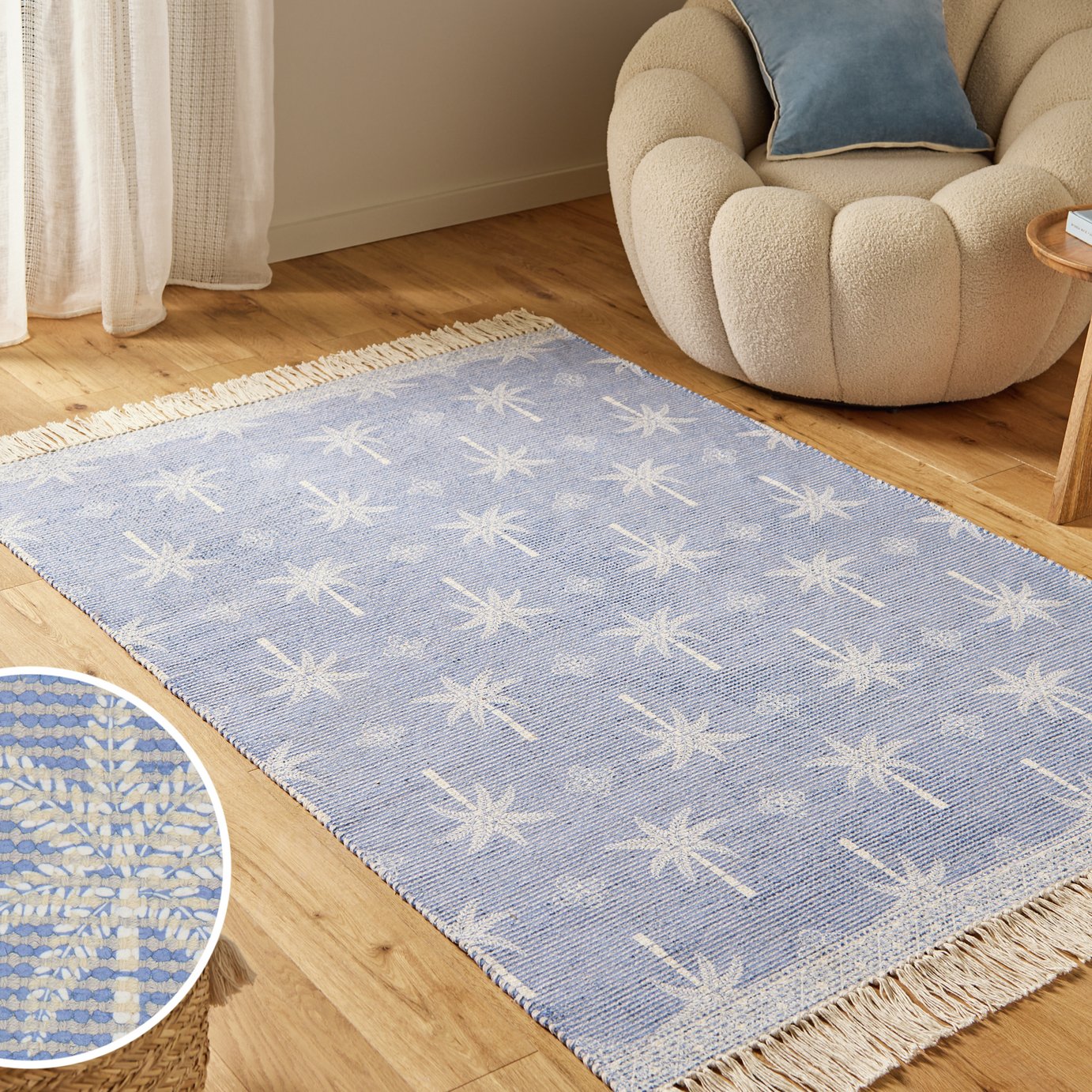Argos Home Palm Print Fringe Blue Flatweave Rug - 120x170cm