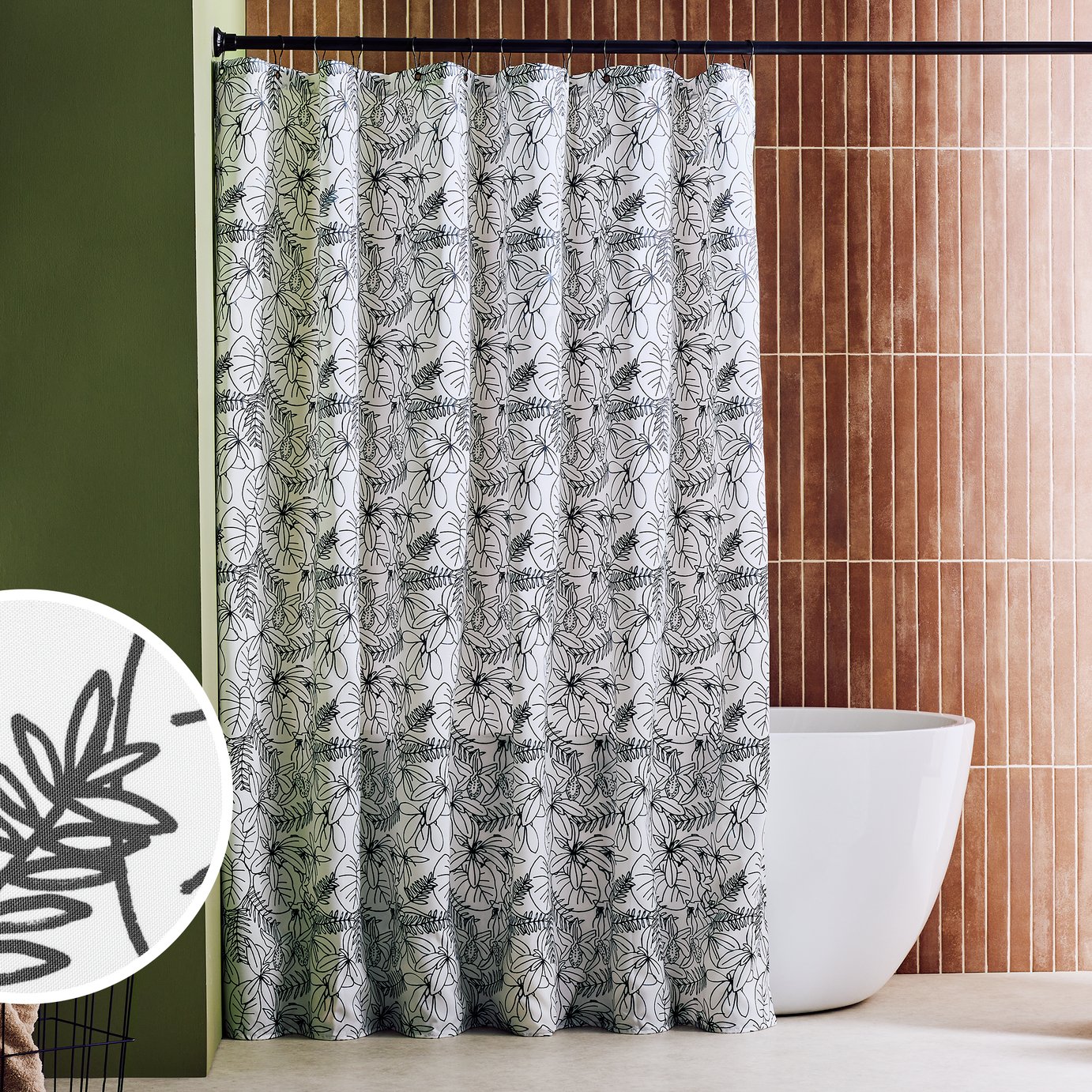 Habitat Monochrome Floral Antibacterial Shower Curtain - Black & White