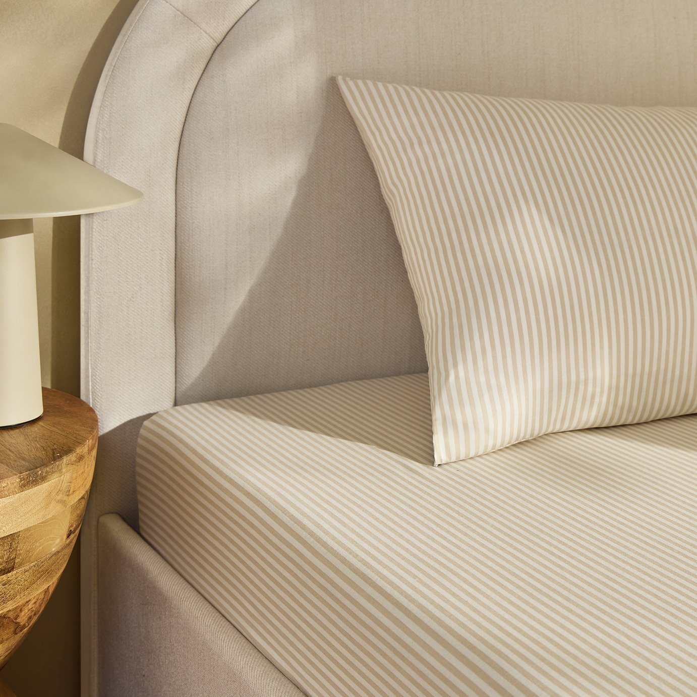 Habitat Oxford Stripe Print Neutral Fitted Sheet - Double