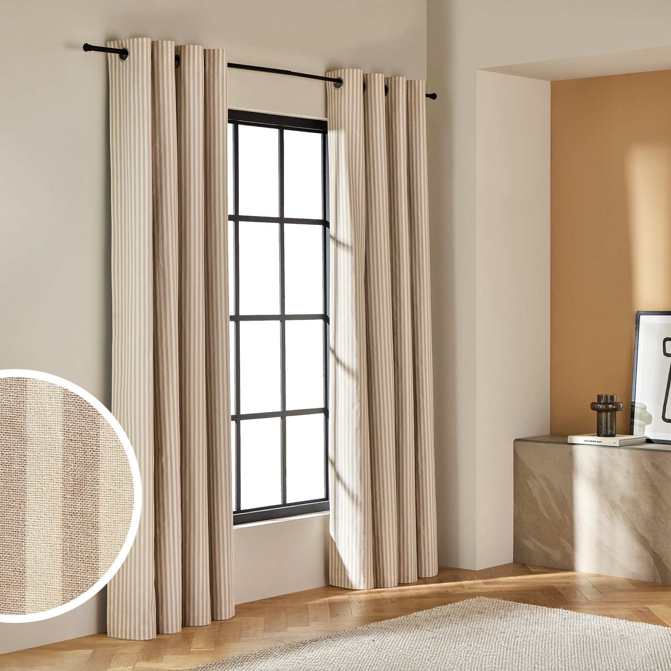 Habitat Stripe Blackout Eyelet Curtains - Latte