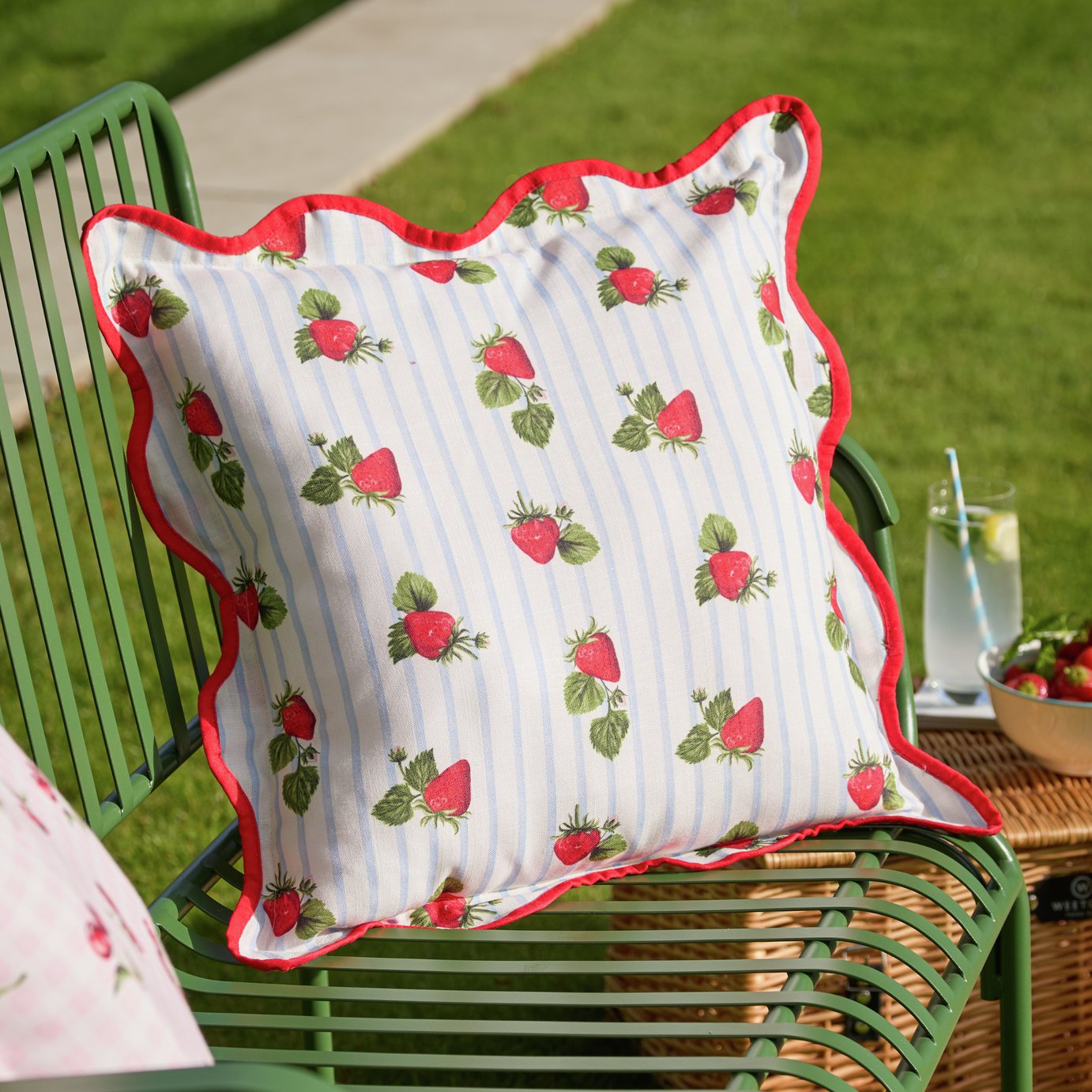 Furn Strawberries Blue Stripe Outdoor Cushion