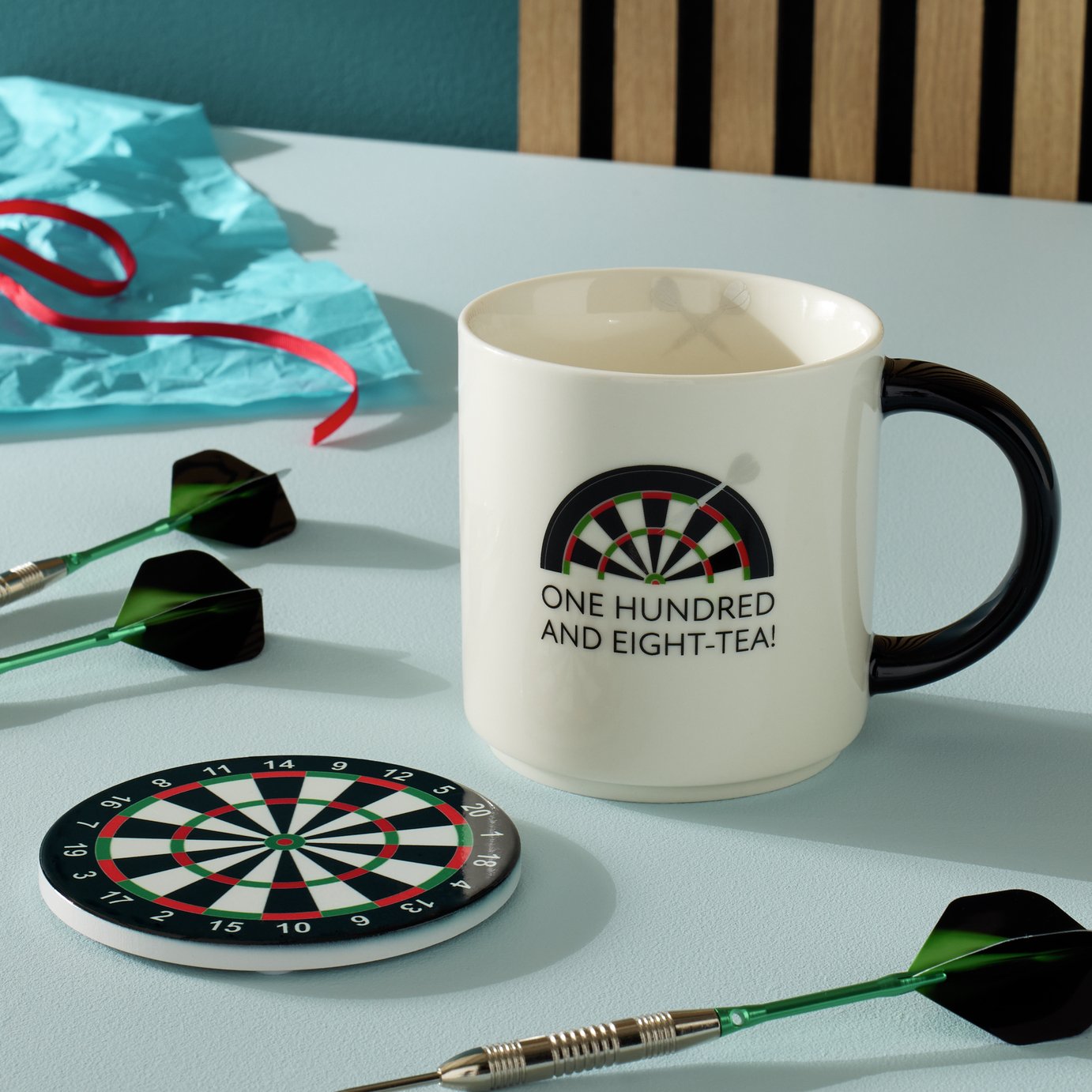 Argos Home One Hundred and Eight Tea Ceramic Mug & Dartboard Coaster Set