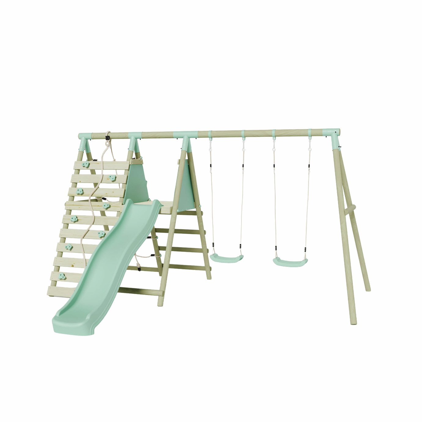 Mercia Wooden Double Seat Swing with Climbing Wall & Slide