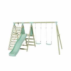 Mercia Wooden Double Seat Swing with Climbing Wall & Slide
