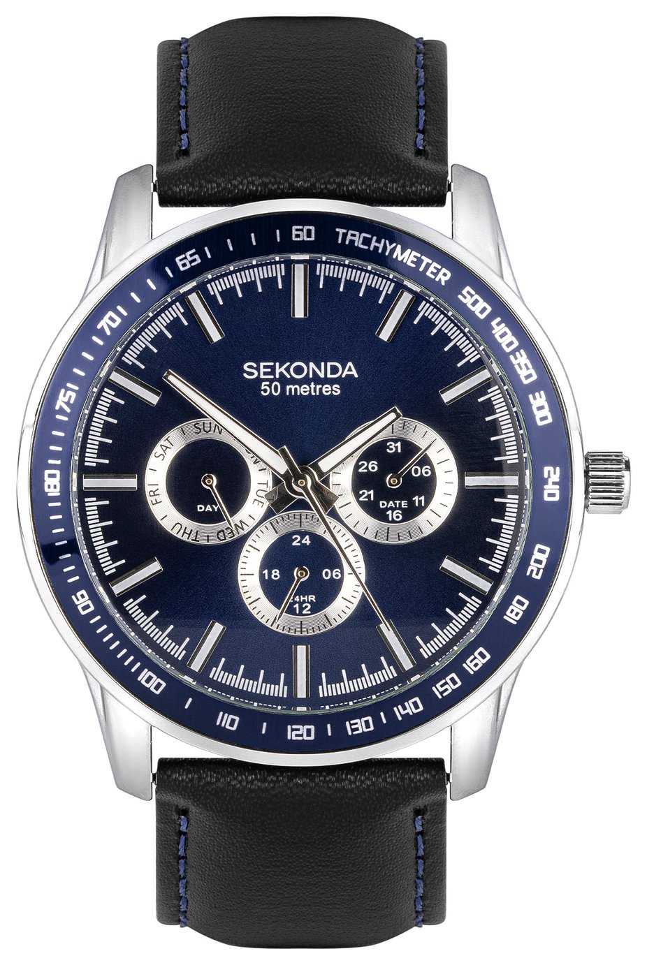 Sekonda Multi-Function Blue Dial Black Leather Strap Watch