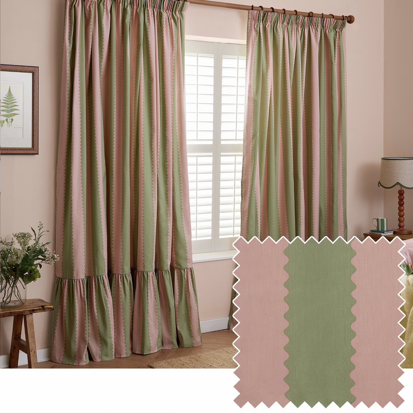 Wylder Birdie Stripe Pencil Pleat Curtains - Pink & Green